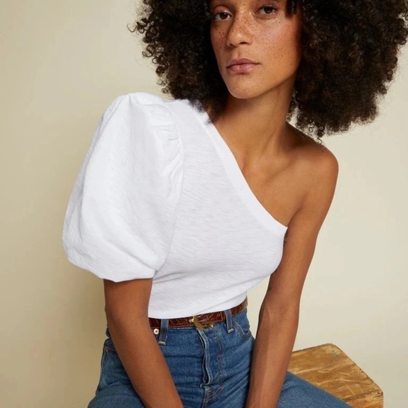 Nation LTD Tops - Nation LTD - Raina Balloon Sleeve One Shoulder Tee in White/Cream